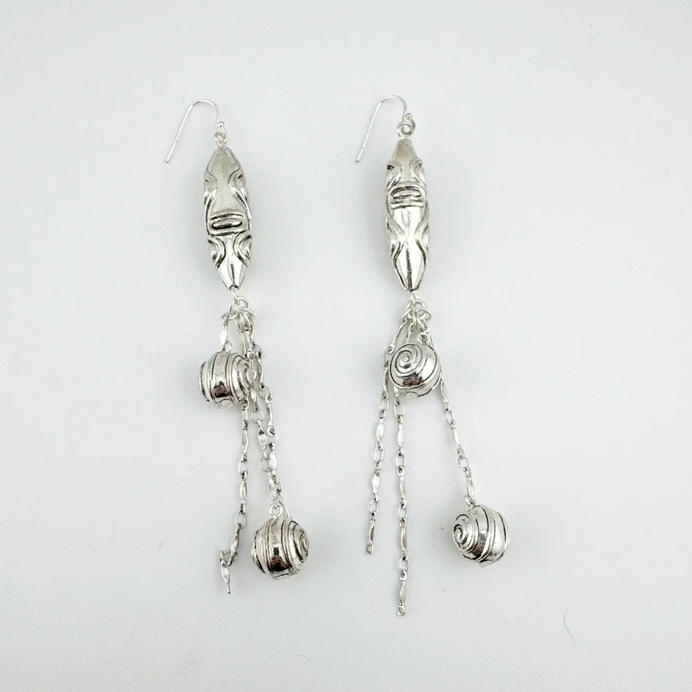 Silver Dangle Earrings Boho Swirl‎ Bead Drop Long Statement